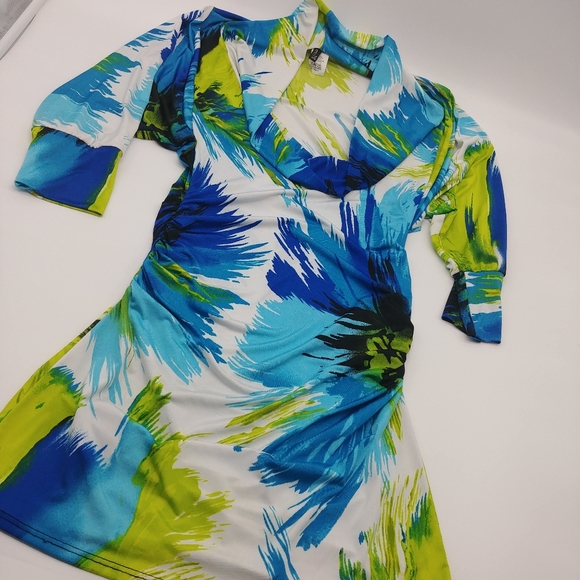 Neon Bright Colorful Bodycon Beautiful stretch cowl neck dress size small - Picture 4 of 12